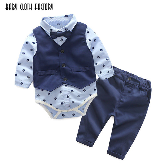 2017 fashion baby boy 3 piece suit vest+tie rompers+pants formal party clothes sets infant boy clothes gentleman suit free ship